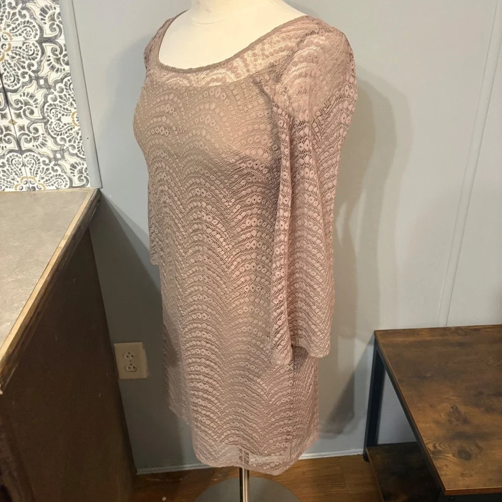 Muse Tan Taupe Lace 3/4 Sleeve Scoop Neck Lined Dress (Women's 4) - Picture 5 of 9